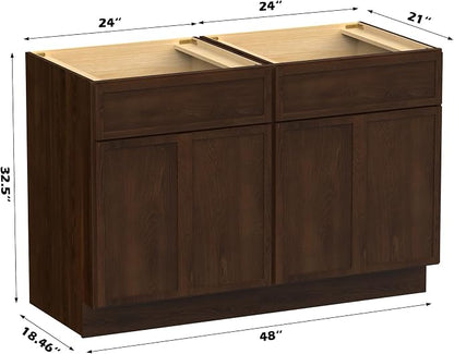 48 Inch Bathroom Vanity Base Only, Double Vanity Cabinet with Soft Closing Door, 2ea 24 inch Cabinet, Without Top,Brown