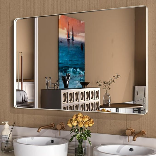WEER 55X36 Inch Brushed Nickel Bathroom Mirror, Brushed Silver Metal Frame Mirror, Rounded Rectangle Silver Bathroom Vanity Mirror, Tempered Glass, Anti-Rust, Hangs Horizontally or Vertically