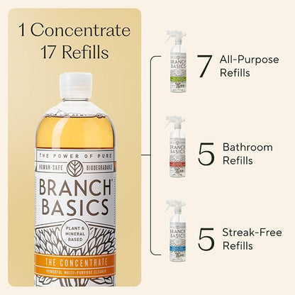 Branch Basics Cleaning Essentials Kit: All Purpose, Glass, Bathroom Cleaner | Plant-Based, Human-Safe, Fragrance-Free. Comes with Concentrate (33.8 oz) + Refillable Plastic Bottles (24 oz). 17 Refills