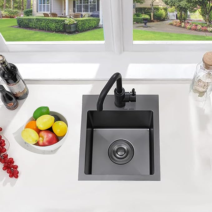 VCCUCINE Gunmetal Black Bar Sink Drop in, 15x15 Inch Topmount RV Small Kitchen Sink, 16 Gauge Overmount Stainless Steel Wet Bar Sink, Top Mount Outdoor Single Bowl Prep Sink with Dish Grid & Drain