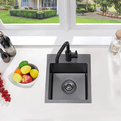 VCCUCINE Gunmetal Black Bar Sink Drop in, 15x15 Inch Topmount RV Small Kitchen Sink, 16 Gauge Overmount Stainless Steel Wet Bar Sink, Top Mount Outdoor Single Bowl Prep Sink with Dish Grid & Drain
