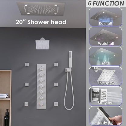 Enga Luxury Dual Shower Head System with Body Jets LED Thermostatic Shower System with 6 inch Wall Shower, 20-Inch 3 Function Shower Head (Rainfall & Mist & Waterfall), Brushed Nickel