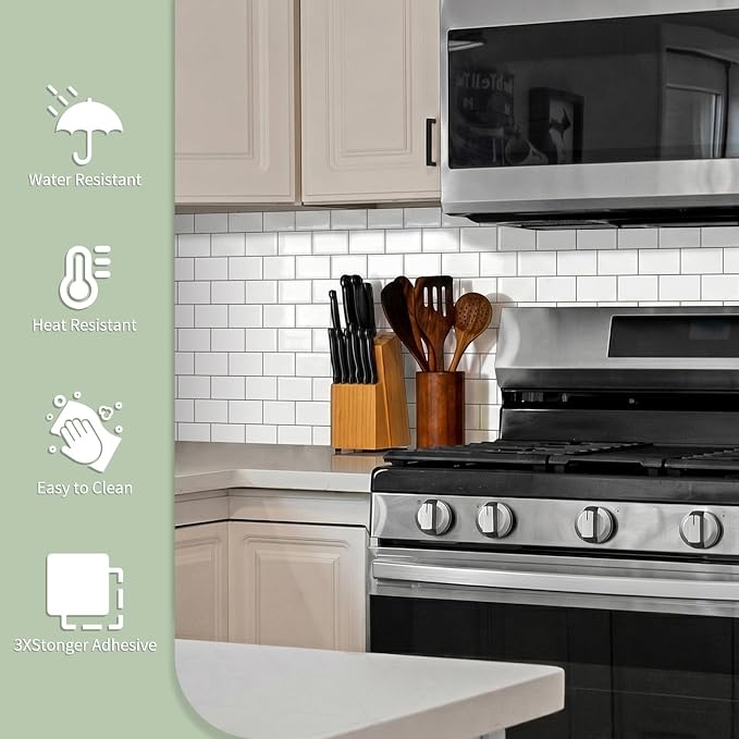 10-Sheet Thick Peel and Stick Kitchen Backsplash Tiles | 3D Subway Waterproof Self-Adhesive Wall Tile Stick on Backsplash for Kitchen and Bathroom(White Gray Grout,12"×12")