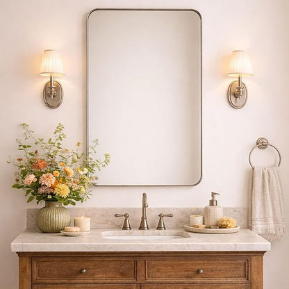 GRACTO 24x40'' Brushed Gold Metal Framed Bathroom Mirror for Wall in Stainless Steel Rounded Rectangular Bathroom Vanity Mirrors Wall Mounted