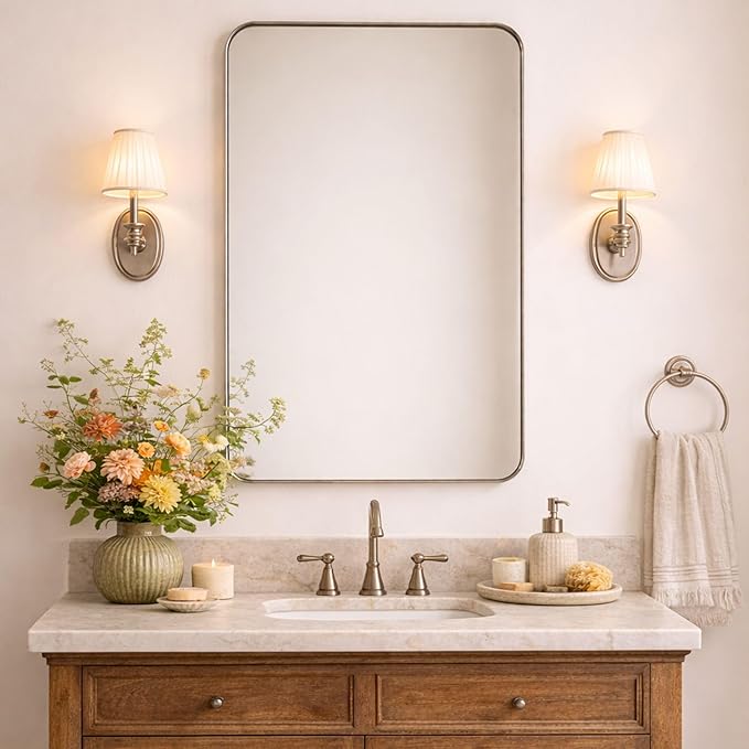 GRACTO 24x40'' Brushed Nickel Metal Framed Bathroom Mirror for Wall in Stainless Steel Rounded Rectangular Bathroom Vanity Mirrors Wall Mounted