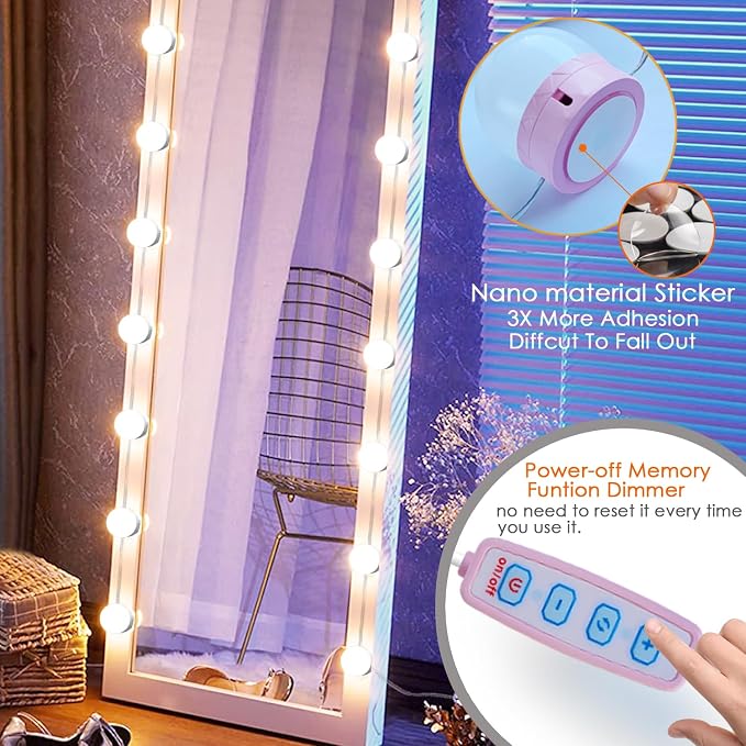 LED Vanity Mirror Lights,Hollywood Style,14 Bulbs Makeup Light | Stick On for Dresser Mirror,3 Color Lighting & Dimmable,Bright,No Drill,Power Off Memory,High CRI Shadow-Free,USB 5V,Pink