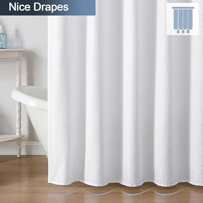 White Shower Curtain for Bathroom 96 Inches Extra Long, Elegant 3D Embossed Textured Fabric Shower Curtains, Water Repellent, Machine Washable, Hotel Style, 72" W x 96" L, White