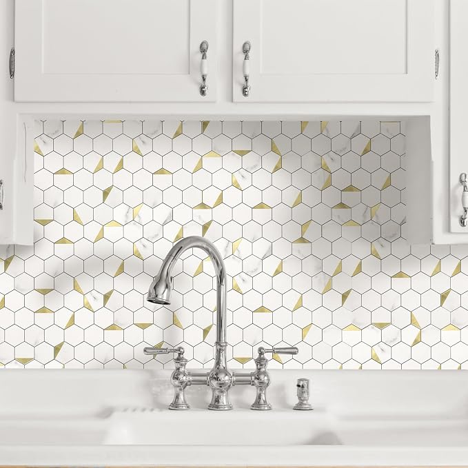 20-Sheet Heavy-Duty Hexagon Peel and Stick Backsplash, Thick Waterproof &Heat Resistant Stick on Wall Tiles, Marble White Mosaic for Kitchen & Bathroom, Strong Adhesive Permanent PVC Tiles