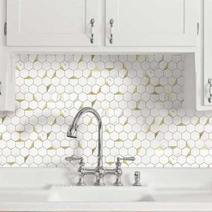 10-Sheet Heavy-Duty Hexagon Peel and Stick Backsplash, Thick Waterproof &Heat Resistant Stick on Wall Tiles, Marble White Mosaic for Kitchen & Bathroom, Strong Adhesive Permanent PVC Tiles