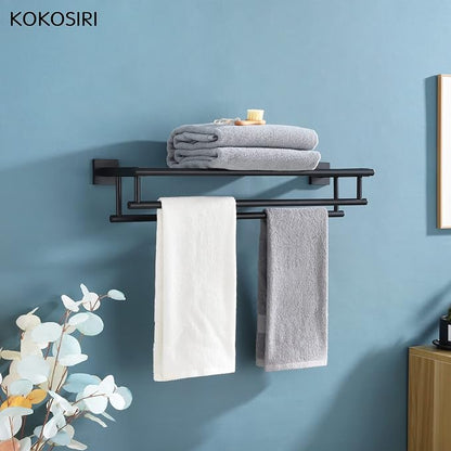KOKOSIRI Bath Towel Rack with Double Towel Bars Bathroom Towel Shelf 20 Inch Towel Holder Wall Mounted Stainless Steel, Matte Black, B6005BK-L20