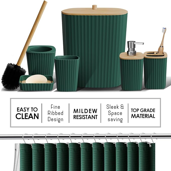 Clara Clark Bathroom Accessories Set - Bathroom Set, Bathroom Sets with Shower Curtain and Rugs, Shower Curtain Set with Bathroom Trash Can - Ombre Green - 22PC | 22 Piece Ombre Green Bathroom Accessories Set with Toothbrush Holder, Soap Dispenser, Soa...