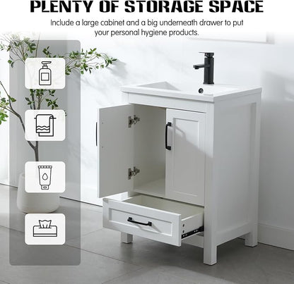 LUCKWIND 24" Bathroom Vanity and Sink Combos, Modern Bathroom Storage Painted Cabinet with Undercounter Ceramic Single Sink Top, Matte Black Faucet and Drawer, Mirror Not Included, White