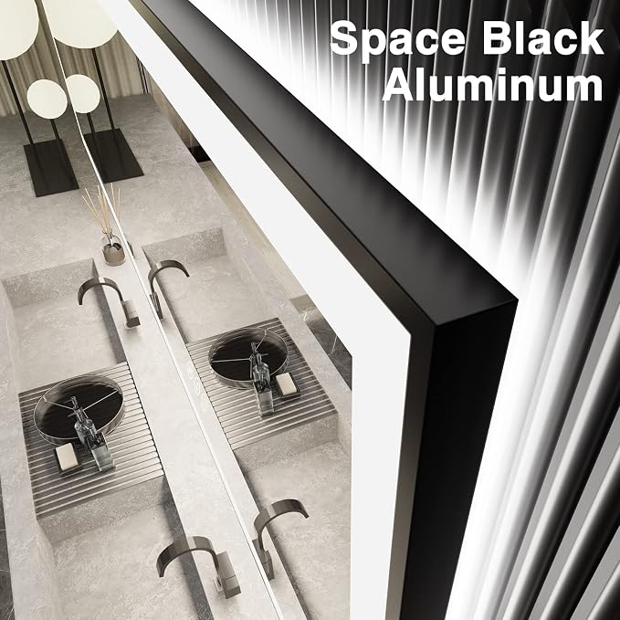 EchosLife 24x36 LED Bathroom Mirrors for Wall - Black Aluminum Framed | Black Frame, Front and Backlit, Anti-Fog, Stepless Dimmable, 3 Colors, Memory, Tempered Glass, UL Listed, Horizontal/Vertical