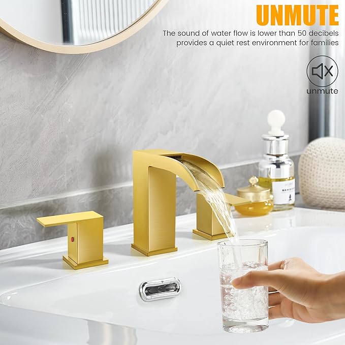 Waterfall Faucets for Sink 3 Hole - Gold Waterfall Bathroom Faucet 8 Inch Widespread Faucet Bathroom 2-Handles Modern Vanity Faucets with Overflow Pop Up Drain Supply Lines
