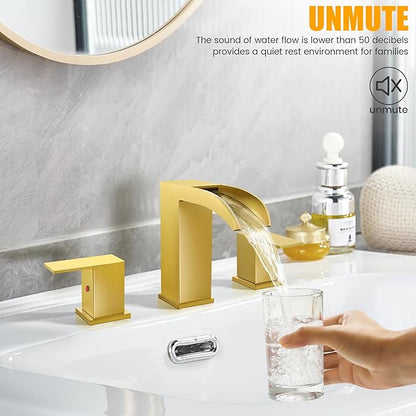 Waterfall Faucets for Sink 3 Hole - Gold Waterfall Bathroom Faucet 8 Inch Widespread Faucet Bathroom 2-Handles Modern Vanity Faucets with Overflow Pop Up Drain Supply Lines