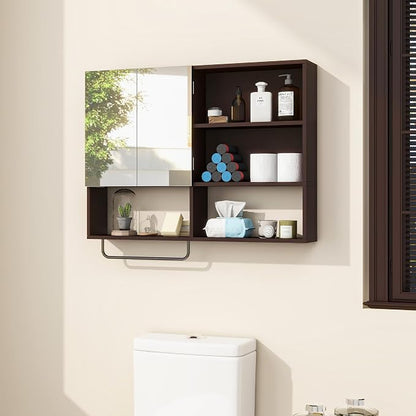 Bathroom Wall Cabinet, Medicine Cabinet, with Mirror & Towel Bar, Espresso