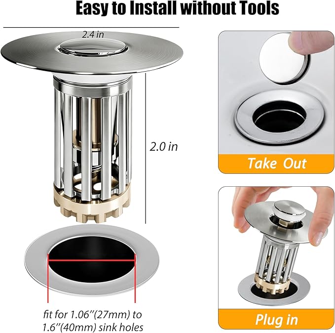 Anlige 3 in 1 Pop Up Bathroom Sink Stopper, Bathroom Sink Drain Strainer, with Removable Basket Hair Catcher, Universal Sink Plug Cover for 1.06 in to 1.6 in Drain, Brushed Nickel