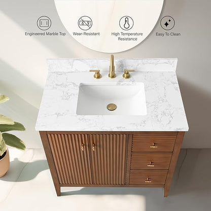 Vanity Art 36 inch Bathroom Vanity with Single Sink & Ceramic Top, Vanity Cabinet with Soft-Closing Door, Solid Wood Frame, Linear Pattern, Walnut, Golden Brushed Handware VA9136-Walnut-GB
