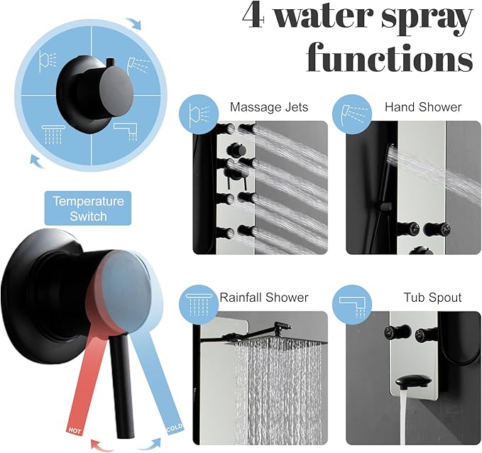Shower Panel Tower System, 10" Adjustable Rainfall Shower, 8 Body Massage Jets, Glass Shower Panel, Wall Mounted