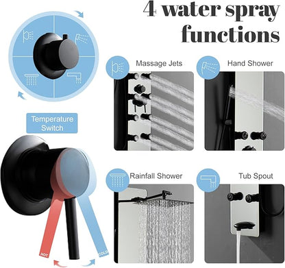 Shower Panel Tower System, 10" Adjustable Rainfall Shower, 8 Body Massage Jets, Glass Shower Panel, Wall Mounted