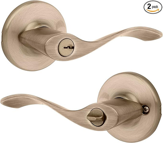 Kwikset Balboa Entry Door Handle with Lock and Key, Secure Keyed Reversible Lever Exterior, for Front Entrance and Bedrooms, Antique Brass, Pick Resistant Smartkey Rekey Security and Microban