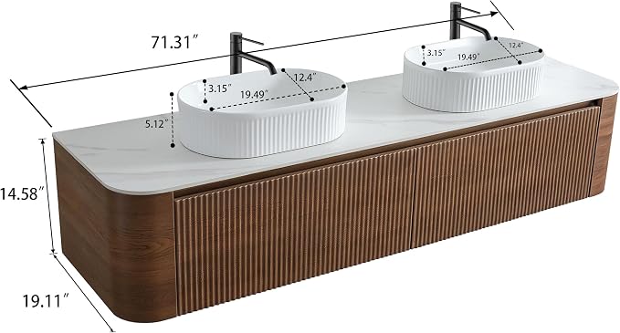 72" Preassembled Double Floating Bathroom Vanity with White Sink, Walnut | Mid-Century Modern Style, Fluted & Soft-Close Drawer with U-shaped Wall, Sinterted Stone Countertop, Towel Rack Included