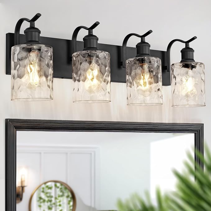 4-Light 27 Inch Bathroom Vanity Light,Hammered Glass,Black | Over Mirror Wall Light,E26 sockets,for bathroom mirror,powder room,dressing area,wall-mounted vanity lighting