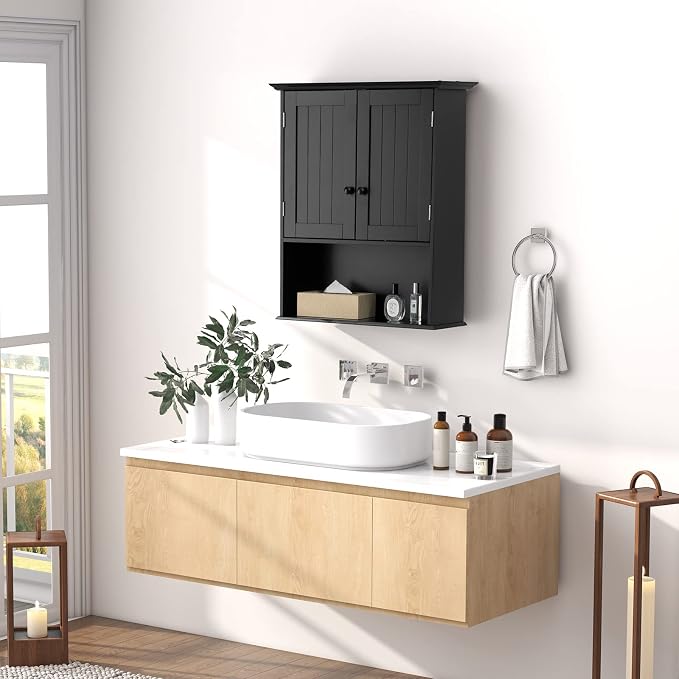 COSTWAY Wall Mounted Bathroom Cabinet, Over The Toilet Storage Cabinet w/Double Doors & Adjustable Shelf, Wood Hanging Medicine Cabinet for Living Room, Entryway, Kitchen (Black) | Double Doors & Adjustable Shelf, Wood Hanging Medicine Cabinet for Livi...