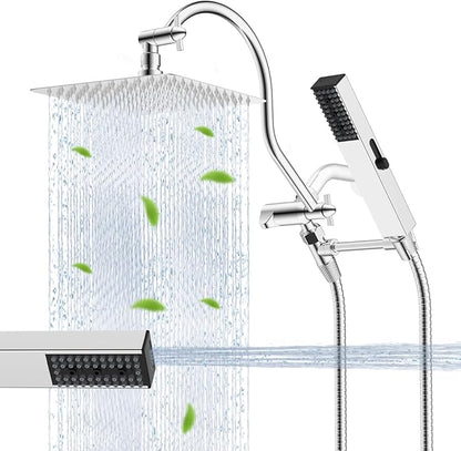 Hibbent All Metal cUPC Certified Shower Head, 8'' High Pressure Rainfall Shower Head, Showerhead Combo, Handheld Shower Wand, 12'' Adjustable Extension Arm, 4-Spray, 71'' Hose, Shower Holder, Chrome
