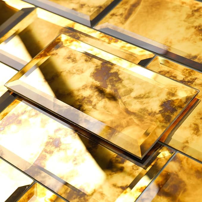 Peel and Stick Beveled Gold Antique Mirror Tile 3x6 Inch 40 Packs | Subway Mirror Glass Backsplash for Kitchen Bathroom Wall