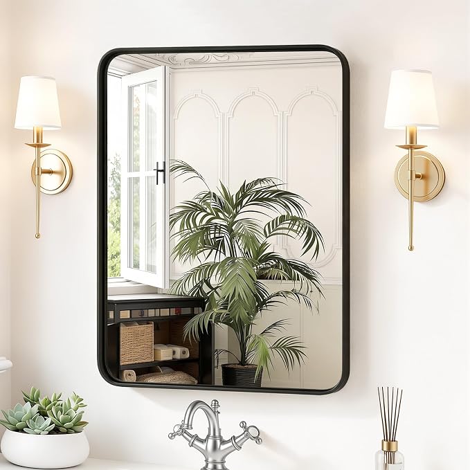 Sweetcrispy Bathroom Wall Mirror, 30x22 Inch Mirror for Over Sink, Black | Modern Wall Mount Vanity Mirror, Rounded Rectangle with Matte Brush Metal Framed, for Home Decor, Living Room, Bedroom