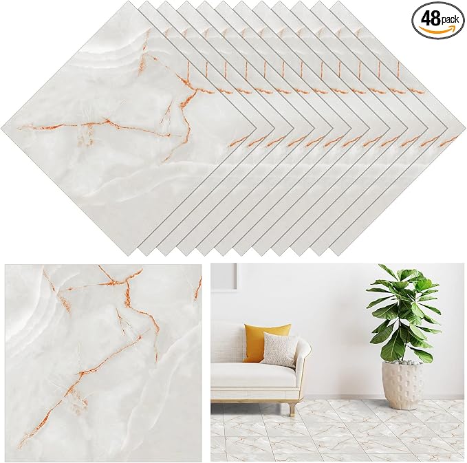 Spiareal 48 Pieces Peel and Stick Floor Tiles Vinyl Flooring 12 x 12 Inch Stick on Floor Tile Self Adhesive Waterproof DIY for Bathroom Kitchen Bedroom Living Room(Stylish)