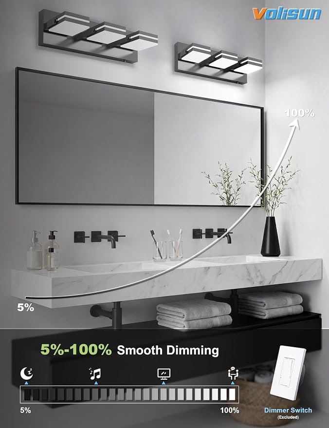 VOLISUN 3 Light Bathroom Vanity Light, 16.15 inch Dimmable Bathroom Light Fixtures Over Mirror, 5 Color Temperatures, 180°Rotatable Head, Black LED Vanity Lights for Bathrooms-ETL Certificated