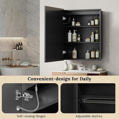 20"X30" Bathroom Medicine Cabinet with Mirror, LED Lighted Medicine Cabinet with Anti-Fog, 3 Colors Temperature Stepless Dimmable, Metal Cabinet for Storage and Mordern Decor, Black