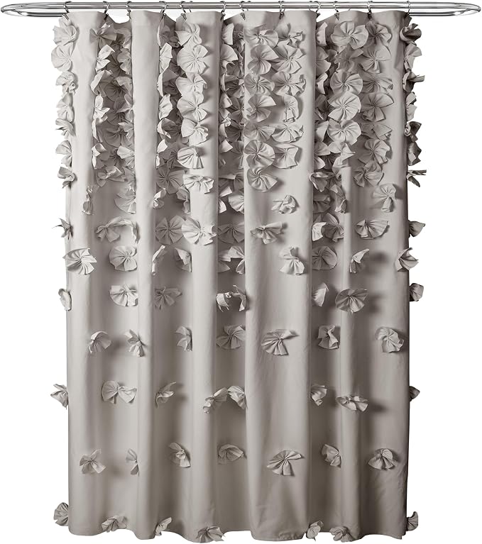 Lush Decor Riley Shower Curtain, 72" W x 72" L, Light Gray - Bathroom Curtain - Coquette Decor - Bow Shower Curtains - Cottage Core - Fabric Shower Curtains