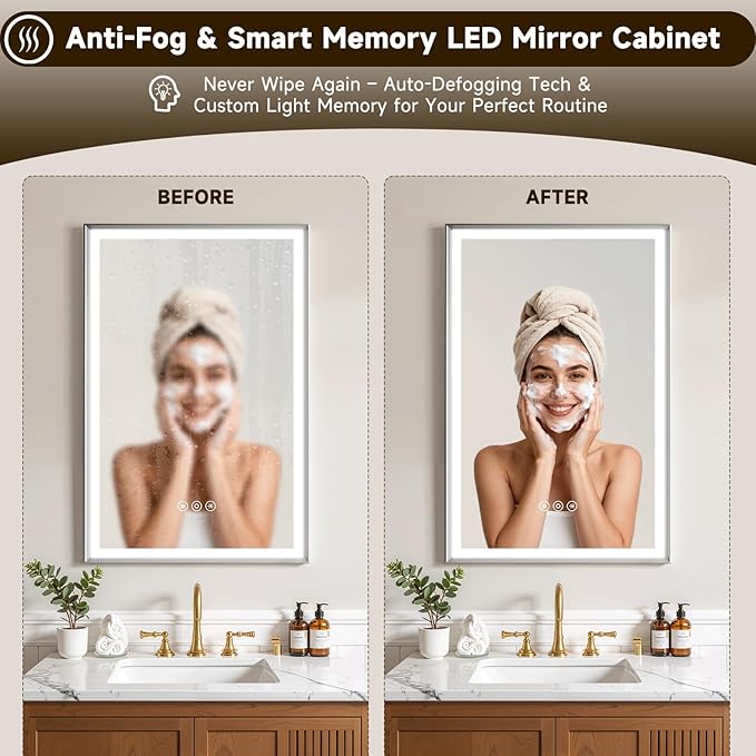 40X32 Inches Framed Medicine Cabinet with Lights, Bathroom Medicine Cabinet with 3-Color/Dimmable, Anti-Fog, Plug-in & Hardwired, Surface Mount & Recessed