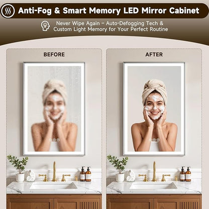 40X32 Inches Framed Medicine Cabinet with Lights, Bathroom Medicine Cabinet with 3-Color/Dimmable, Anti-Fog, Plug-in & Hardwired, Surface Mount & Recessed