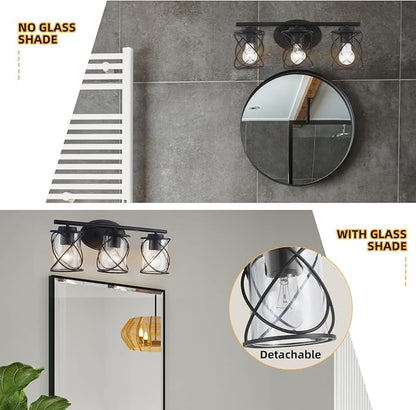 3-Lights Bathroom Vanity Lights, Bathroom Light Fixtures Over Mirror, Matte Black Vanity Light, Farmhouse Wall Lights with Clear Glass Shade, Bathroom Wall Lamp for Mirror Kitchen Bedroom