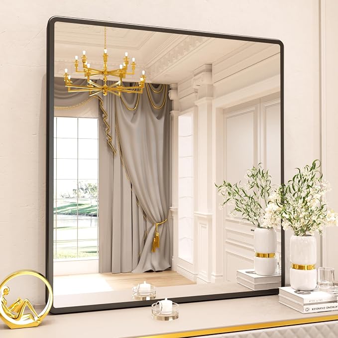 pertetey 40 x 36 in Rounded Rectangle Bathroom Mirror | Black Metal Frame, Tempered Glass, Wall Mounted