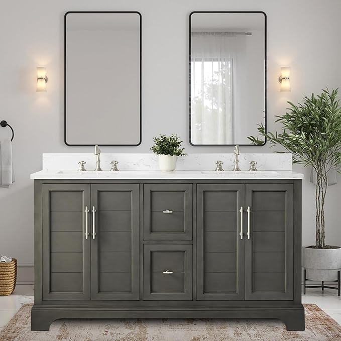 HOMEBEYOND 60 Inch Bathroom Vanity with Double Sink & Ceramic Top, Vanity Cabinet with Center Countertop Basin, Soft-Closing Doors, Backsplash,Sliver Grey