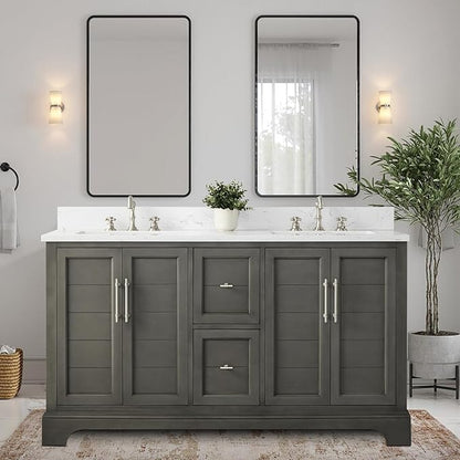 HOMEBEYOND 60 Inch Bathroom Vanity with Double Sink & Ceramic Top, Vanity Cabinet with Center Countertop Basin, Soft-Closing Doors, Backsplash,Sliver Grey