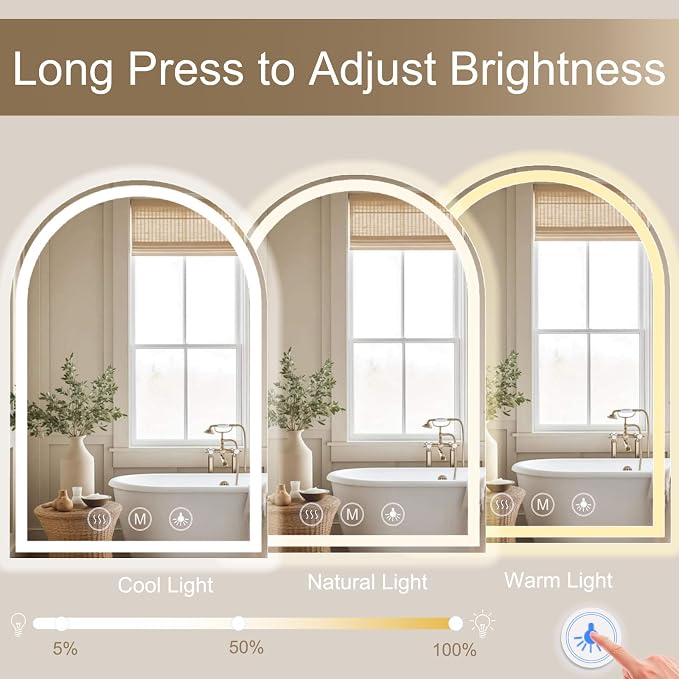 Arched LED Bathroom Mirrors with Lights 32"x48" LED Mirror for Bathroom,Led Vanity Mirror, Anti-Fog,LED Mirrors with Light, Anti-Fog, Dimmable, 3 Color, Shatterproof, Touch Sensor