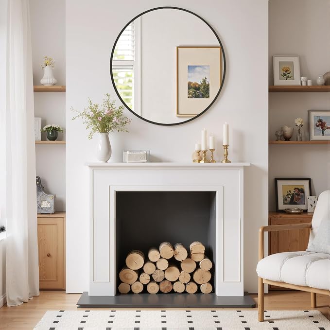 Round Wall Mirror 24 Inch Black Vanity Mirror with Metal Frame | Modern Circle Wall Mounted Decorative Mirrors for Bathroom, Entryway, Bedroom, Living Room
