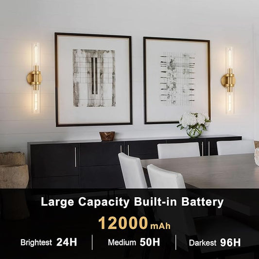 Gold Battery Operated Wall Sconce Set of 2, 12000mAh Rechargeable Wall Lights with Remote Control, Wireless Dimmable Wall Lamps for Bedroom Living Room Bathroom Hallway Stairwell