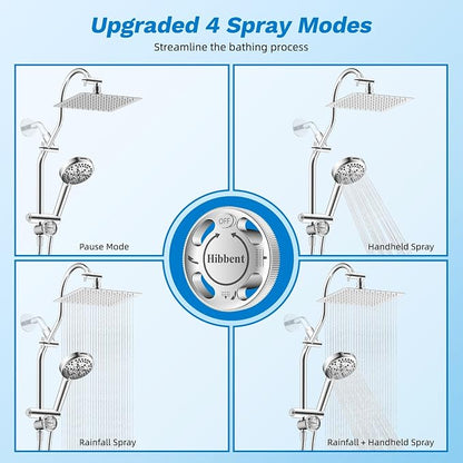 Hibbent High Pressue All Metal 8" Rainfall Shower Head, Handheld 10-Spray | cUPC Certified Chrome Dual Showerhead Combo, 4-way Diverter with Pause Mode, Brass Extension Arm, 71'' Shower Hose & Holder