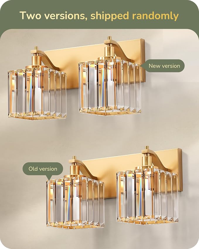 EDISHINE 2-Light Gold Bathroom Vanity Light, E26 Base, Crystal Wall Sconce | Up Down Mounting, Brass Frame, Modern Style Fits Over Bathroom Mirror & Makeup Space