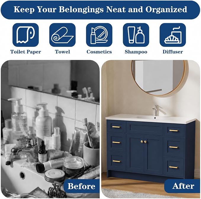 Blue Bathroom Vanity with Sink 48inch | 2 Doors and 6 Drawers | Wood Storage Basin Cabinet with Ceramic Basin for Home and Office