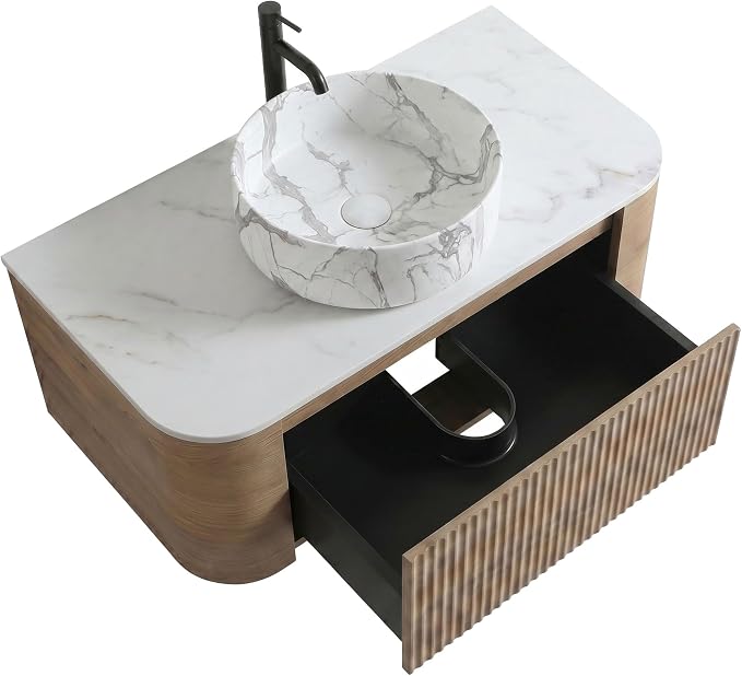 36" Preassembled Floating Bathroom Vanity with Carrara Finish Sink, Oak | Mid-Century Modern Style, Fluted & Soft-Close Drawer with U-shaped Wall, Sinterted Stone Countertop, Towel Rack Included