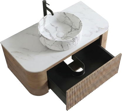 36" Preassembled Floating Bathroom Vanity with Carrara Finish Sink, Oak | Mid-Century Modern Style, Fluted & Soft-Close Drawer with U-shaped Wall, Sinterted Stone Countertop, Towel Rack Included