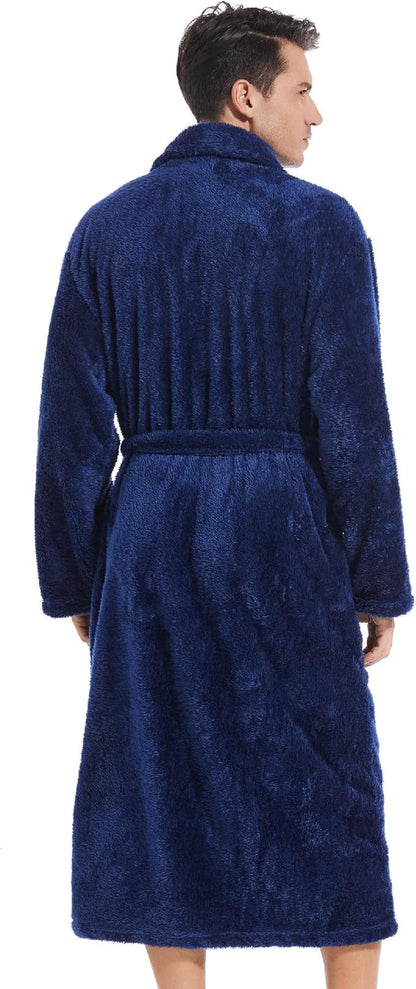 Inner Wish Mens Plush Fleece Robe, Cozy Warm Bathrobe Fuzzy Male Spa Long Robe With Pockets (DARK GREY)